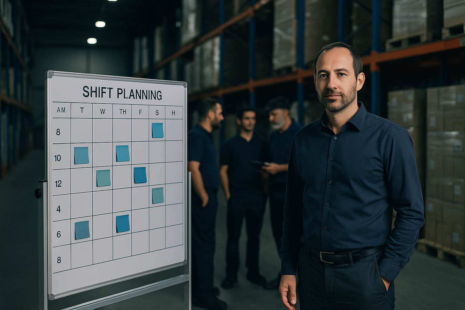 סביבת תעשייה ולוגיסטיקה עם מנהל ולוח תכנון משמרות